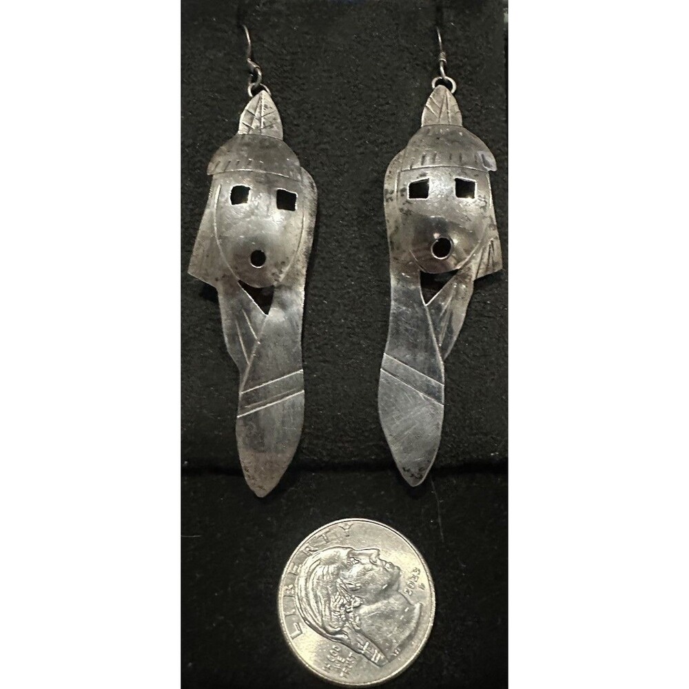 Vintage Navajo Maiden Sterling Silver Kachina Dancer Dangle Hook Earrings Native - Picture 4 of 8